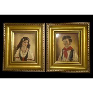 Vintage Framed Portraits of Boy & Girl in Traditional Attire Gold-Tone Frames by